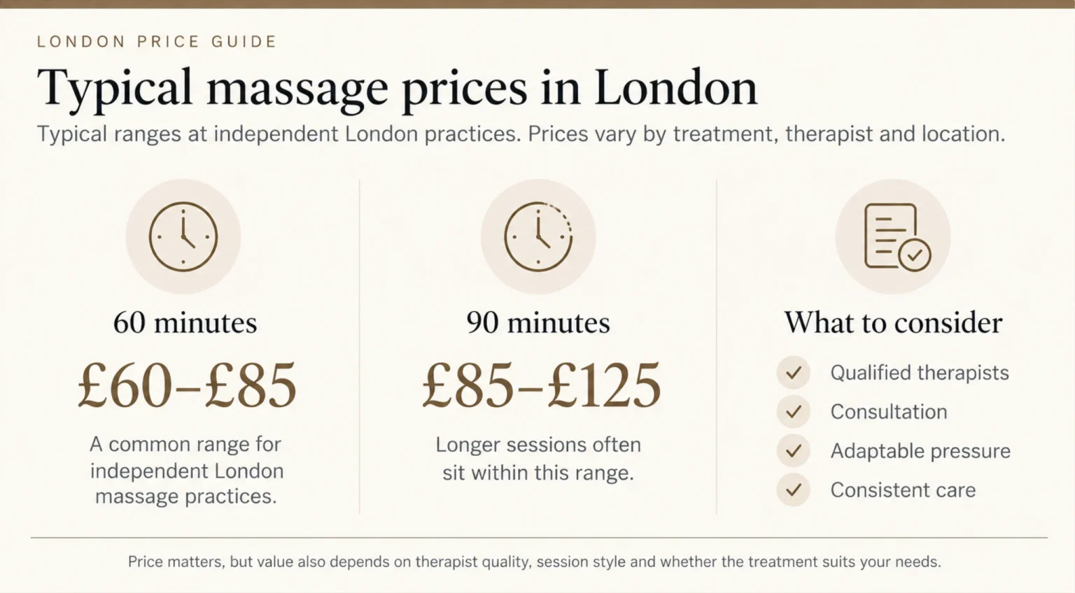 Typical London massage prices for 60-minute and 90-minute sessions at independent massage practices