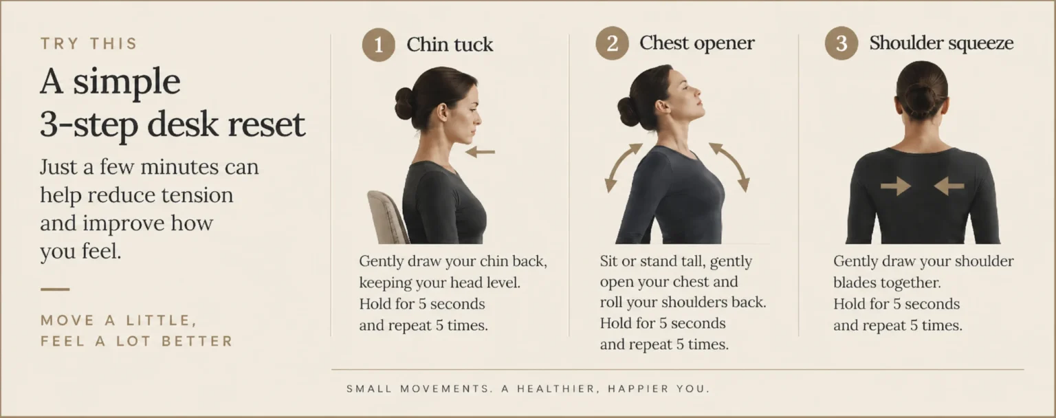 Three desk exercises for neck, shoulders and upper back: chin tuck, chest opener and shoulder squeeze