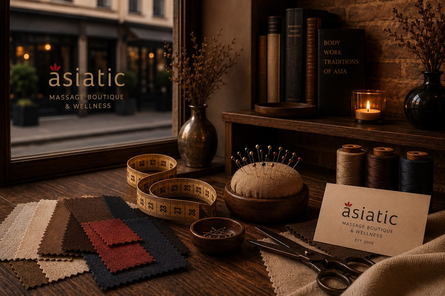 Warm editorial still-life with fabric swatches, measuring tape, tailoring tools and Asiatic branding, representing the atelier approach behind Asiatic in Islington.
