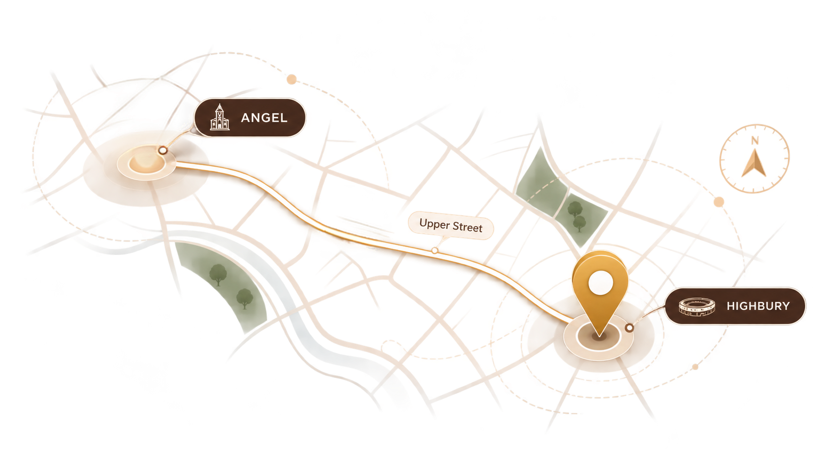 Map of Upper Street from Angel to Highbury